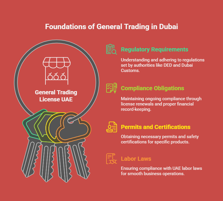 The General Trading License UAE operates within a well-defined legal and regulatory framework. For this, understand the regulatory requirements and compliance regulations. It can help you run your business in Dubai smoothly.

Understanding Regulatory Requirements:
It is important to familiarize yourself with the regulations set by various authorities before applying for a general trade license. This includes understanding the DED, or Department of Economic Development, regulations closely. It’s a primary licensing authority in Dubai. Dubai Customs is another important department. They govern import and export procedures.

Additionally, other relevant authorities depend on your specific trade activities. This entails food safety regulations for food imports.

Compliance Obligations:
On obtaining the license, make sure to adhere to ongoing compliance requirements. This includes regular renewal of the license and maintaining proper accounting records and financial statements. As an entrepreneur, it is necessary to obtain permits for specific products. This includes safety certifications for certain goods. Ensure to comply with UAE labor laws and regulations for smooth business operations.